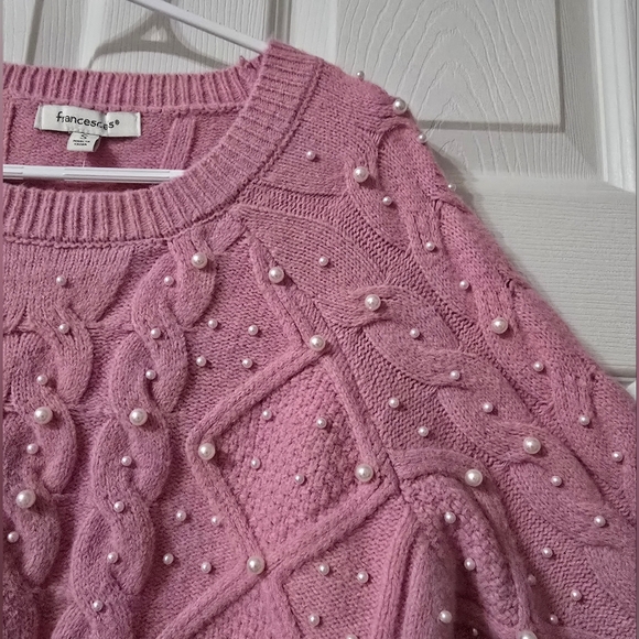 NWT Pink Pearl Embellished Boxy Fit Crewneck Knit Sweater by Francesca's. - Picture 7 of 13